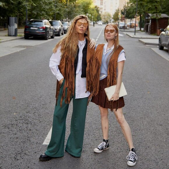 Hippie Costume Set Suede Fringe Vest Accessories Festival Cosplay